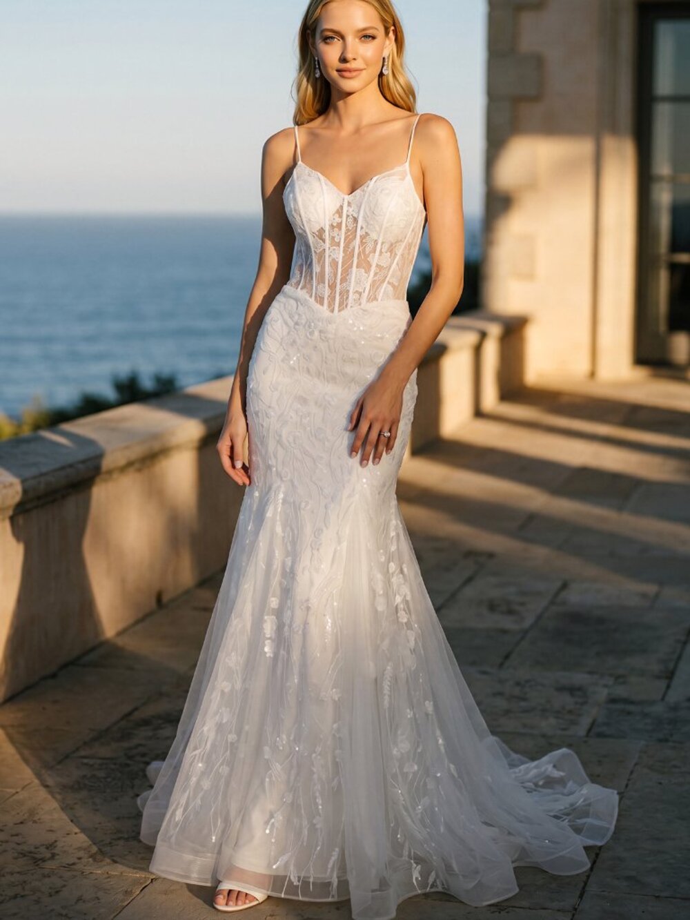 WEDDING DRESS. OFF WHITE NEW LONG  FITTED MERMAID LACE TULLE BRIDAL GOWN